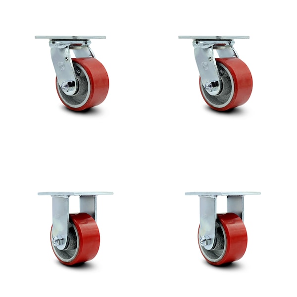 4 Inch Red Poly on Cast Iron Caster Set with Ball Bearings 2 Swivel 2 Rigid SCC